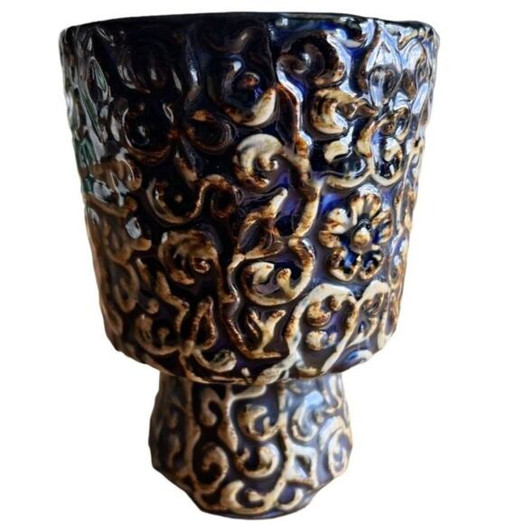 VTG Floralware Footed Round Planter Vase Succulent House Plant Floral Blue Brown - Picture 2 of 9